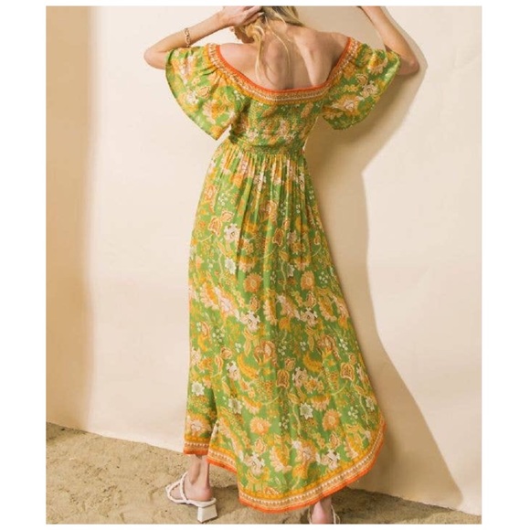 Off the Shoulder Tropical Print Floral Maxi Dress | Smocked Bodice Hi-Lo Hem - Picture 6 of 8
